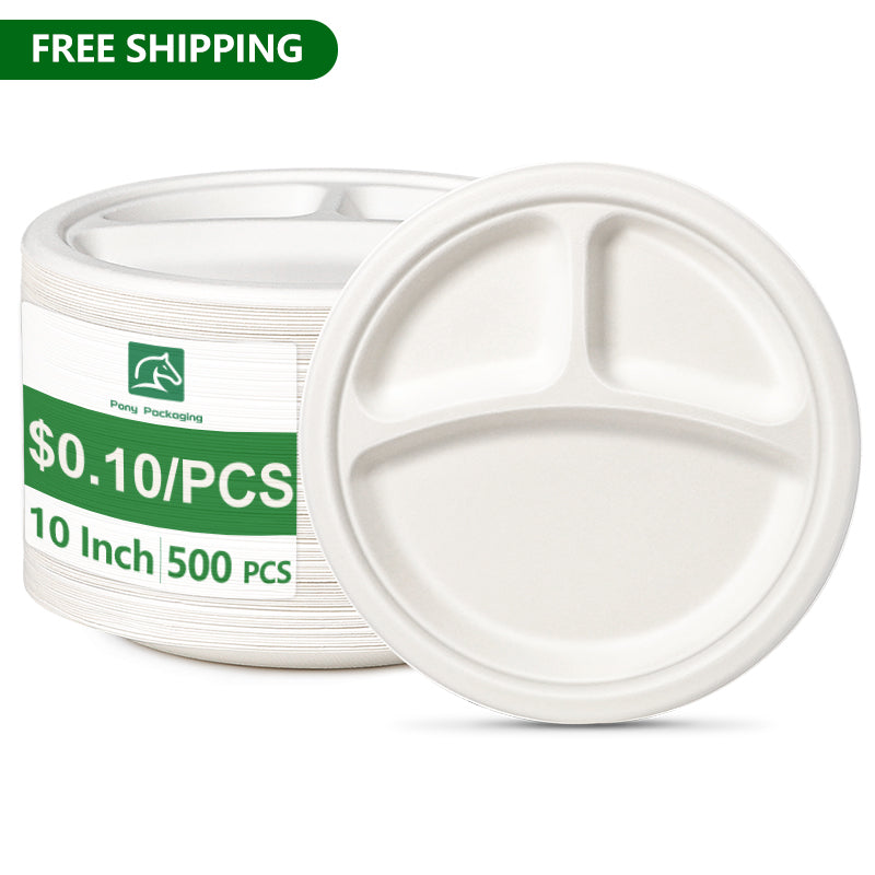 10" 3 Compartments Compostable Plates White Round 500 pcs