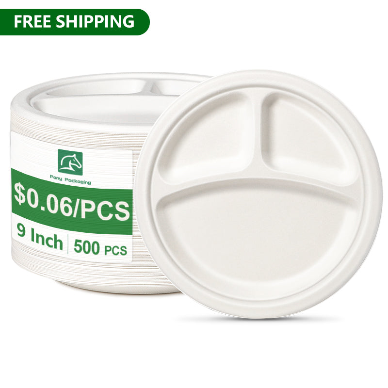 9" 3 Compartments Compostable Plates White Round 125 pcs