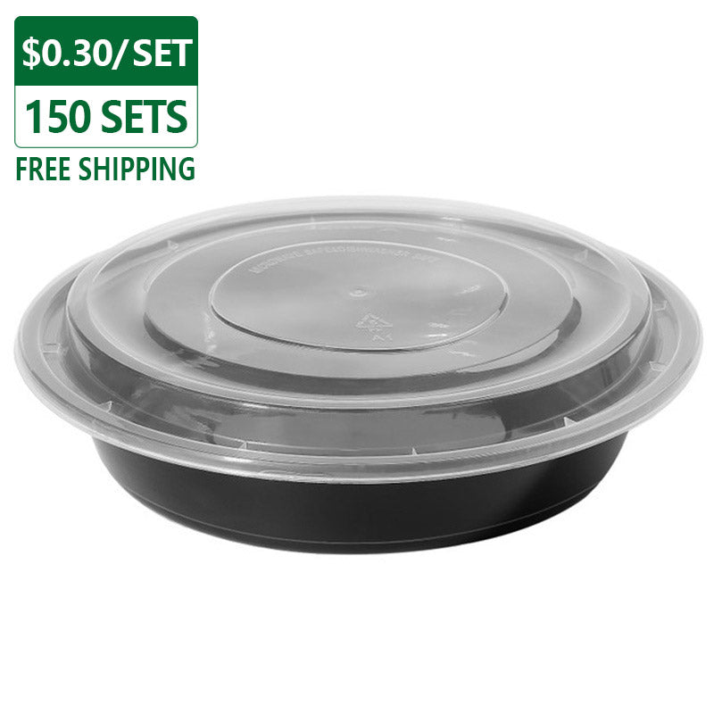 48 oz Disposable Togo Bowls with Lids Black 150 Set