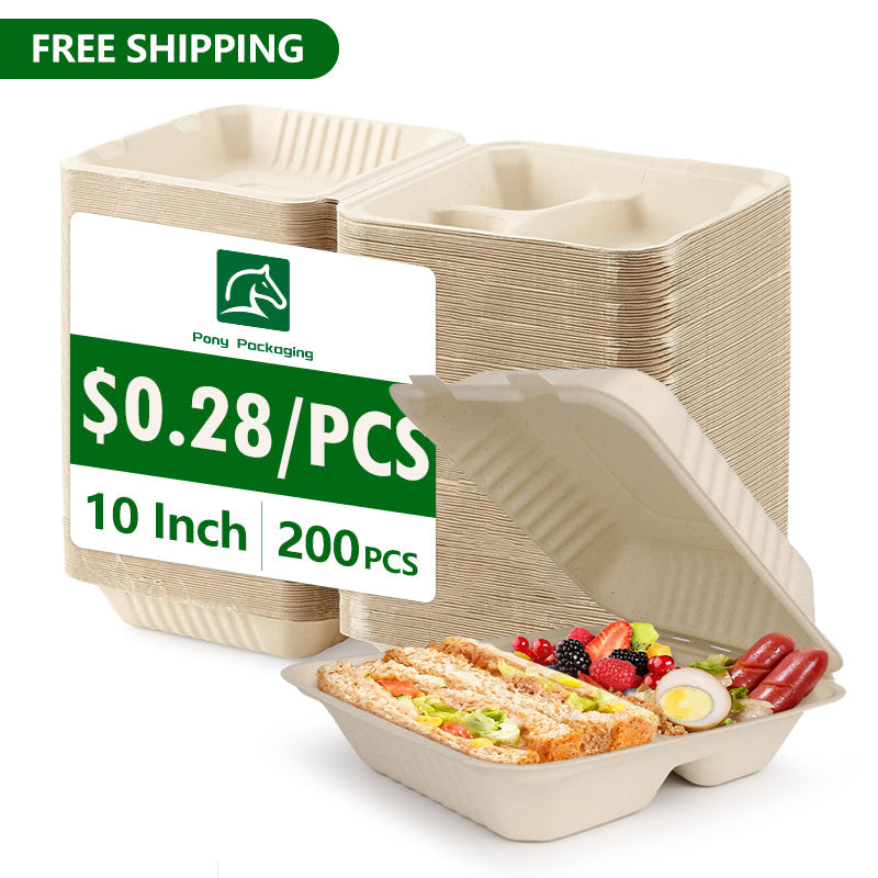 10" Fiber Clamshell Natural (3-compartment)-PFAS FREE