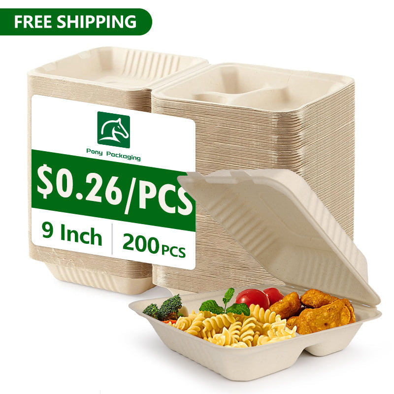 9" 3-Compartment Clamshell To Go Containers Natural-PFAS FREE 200pcs