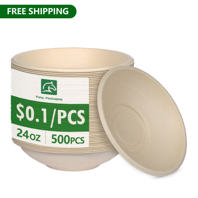 24 oz Compostable Fiber Bowls Round PFAS Free 500 pcs