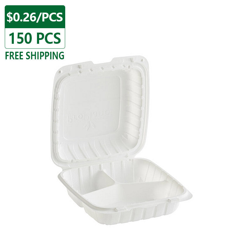 8'' 3 Compartments Microwaveable Plastic Clamshell Food Containers 150 pcs