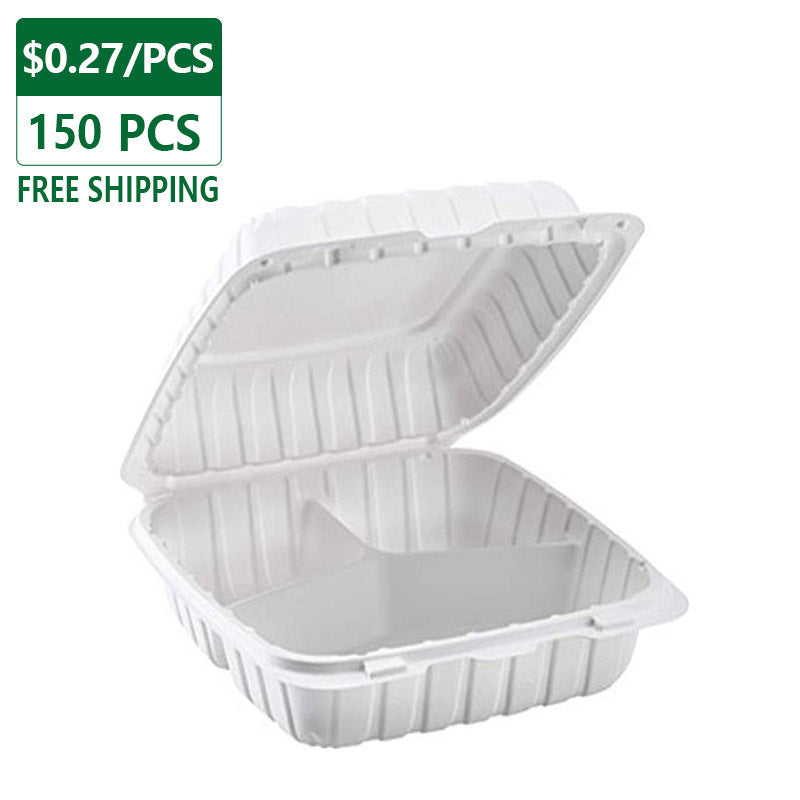 9" 3 Compartments Plastic Clamshell food Containers 150 pcs