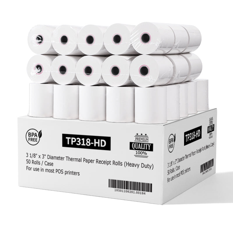(50 Rolls) 3 1/8" x 3" Diameter Thermal Paper Receipt Rolls (Heavy Duty)