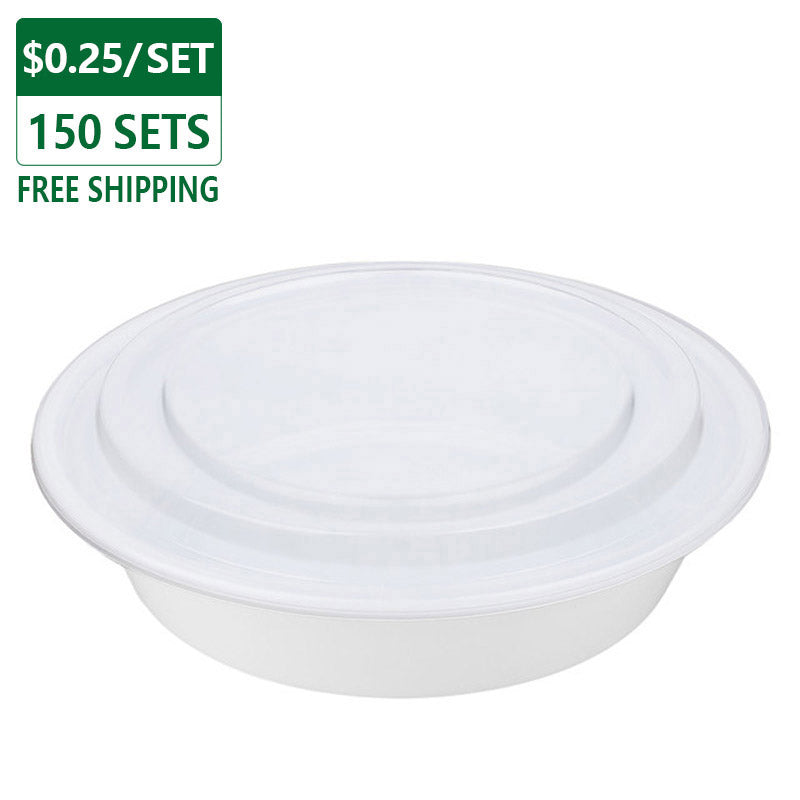 32 oz Disposable Plastic Bowls with Lids White 150 Set 32oz