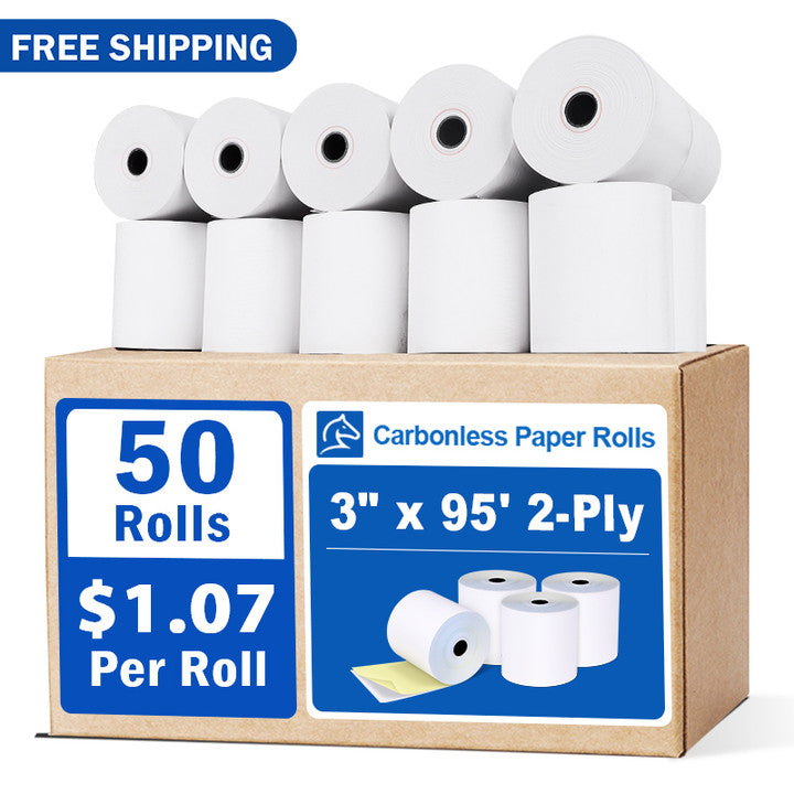 3‘’x95’ Carbonless 2-Ply Cash Register POS Paper Roll Tape - 50/Pack