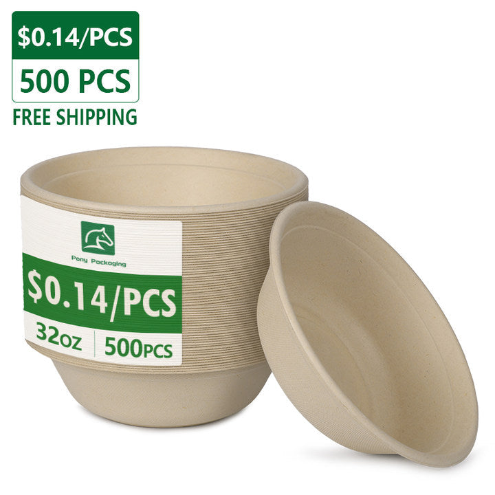 32 oz Compostable Fiber Bowls Round PFAS Free 500 pcs