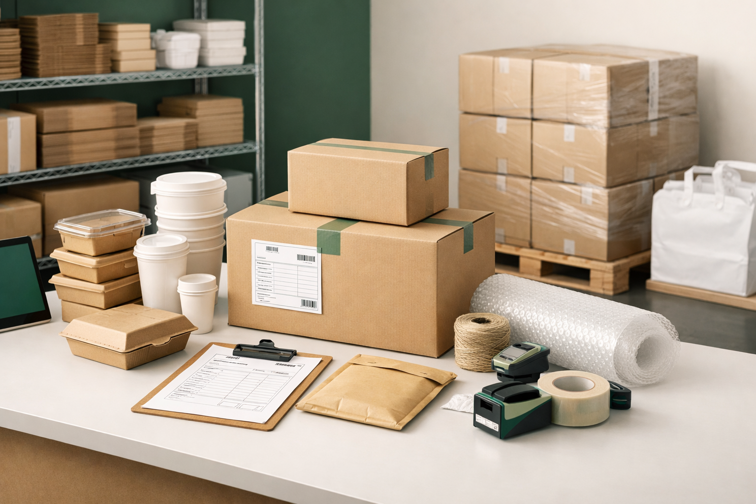 Escena de mesa comercial con ordenes, etiquetas y empaque