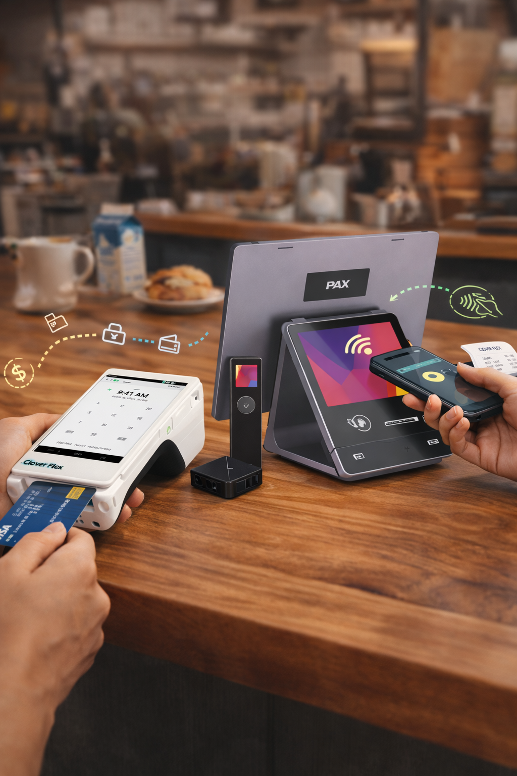 Equipos POS modernos en una escena comercial para pagos rapidos
