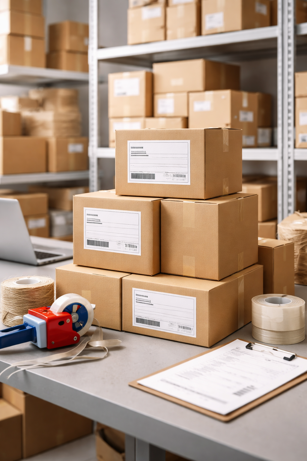 Escena de mesa comercial con ordenes, etiquetas y empaque