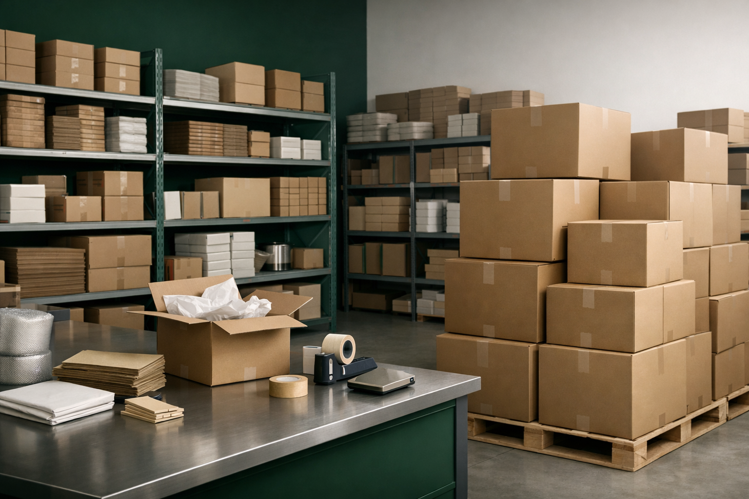 Escena fija de almacen y cajas apiladas para compra mayorista