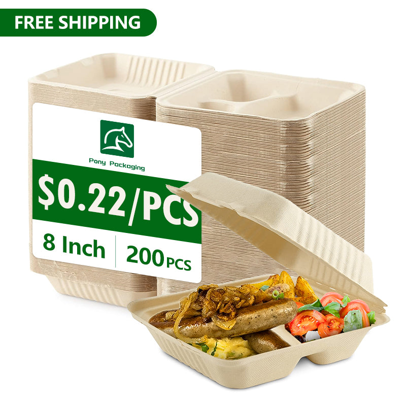 8 x 8 x 3 inch 3 Compartment Clamshell To Go Food Containers 200 pcs