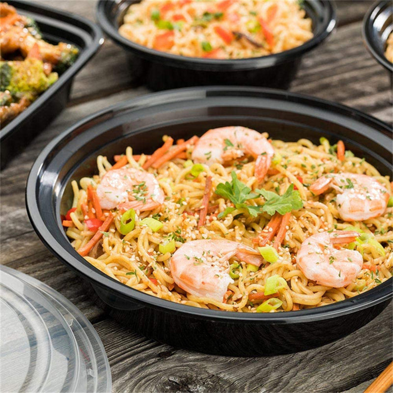 48 oz Disposable Togo Bowls with Lids Black 150 Set