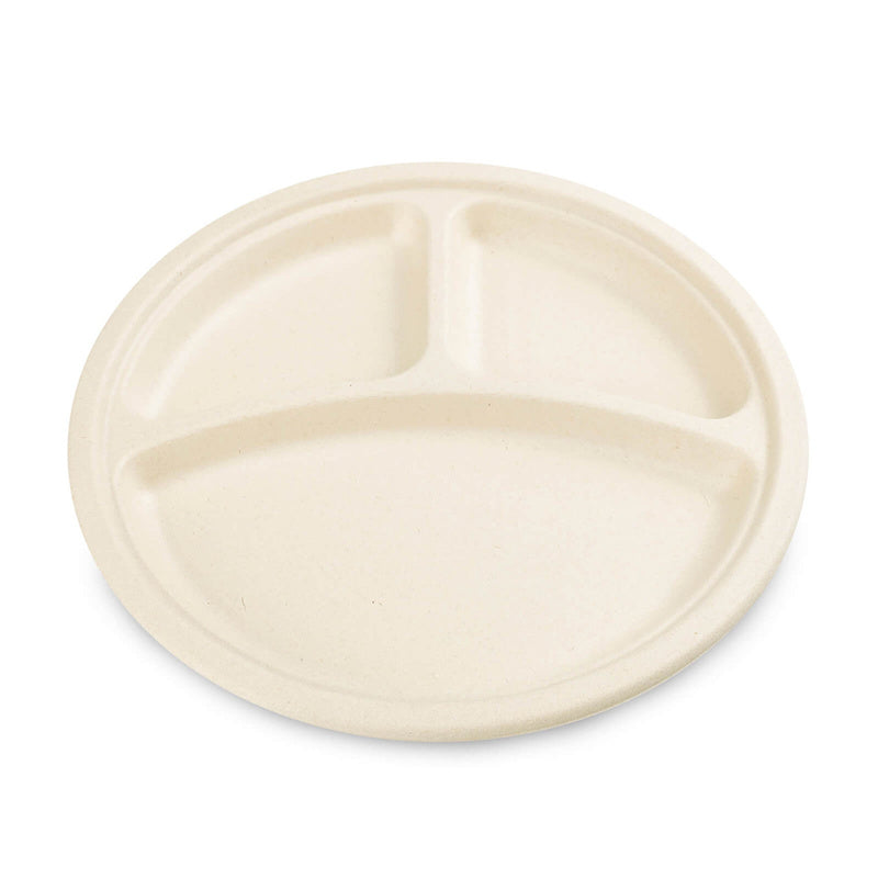 9 inch Round Plates 3 Compartment Natural 500 pcs