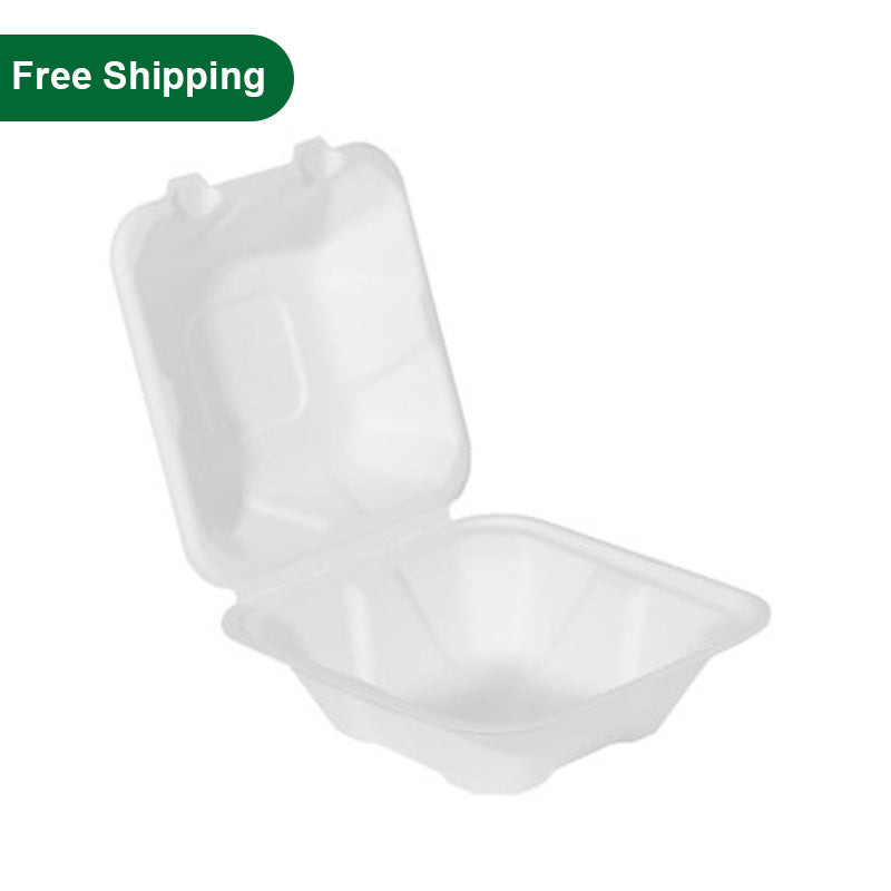 6"x6"x3" Compostable Clamshell Containers PFAS Free White 500 pcs