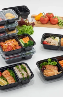 28 oz 2-Compart Plastic To go Food Containers with lids 150 pcs