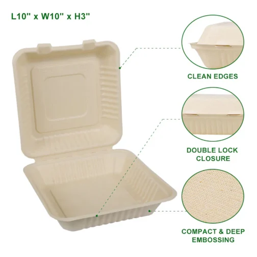 10"x10"x3" Compostable Clamshell Containers PFAS Free 200 pcs