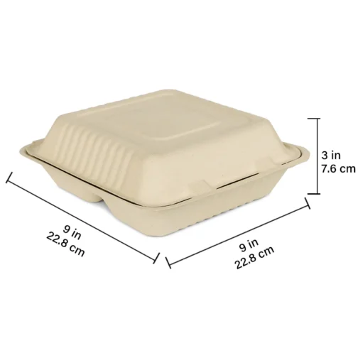 9"x9"x3" 3 Compartment Compostable Clamshell Containers PFAS Free 200 pcs - Image 3