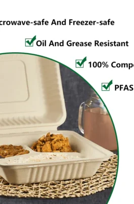 9"x9"x3" 3 Compartment Compostable Clamshell Containers PFAS Free 200 pcs