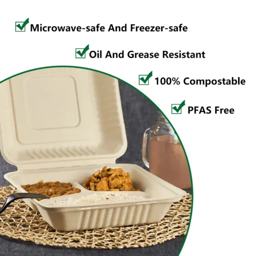 9"x9"x3" 3 Compartment Compostable Clamshell Containers PFAS Free 200 pcs