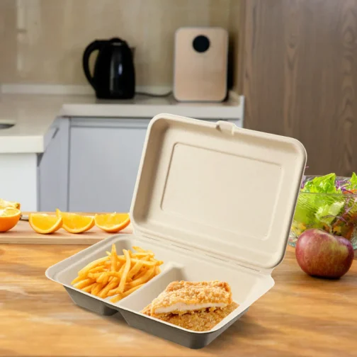 Sample 9"x6"x3" 2 Compostable Clamshell Containers Natural Bagasse - Image 2