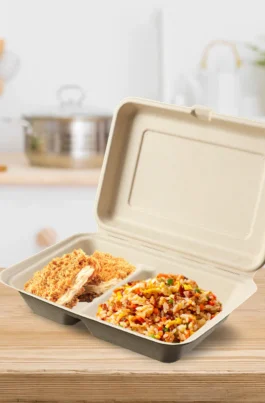 Sample 9"x6"x3" 2 Compostable Clamshell Containers Natural Bagasse