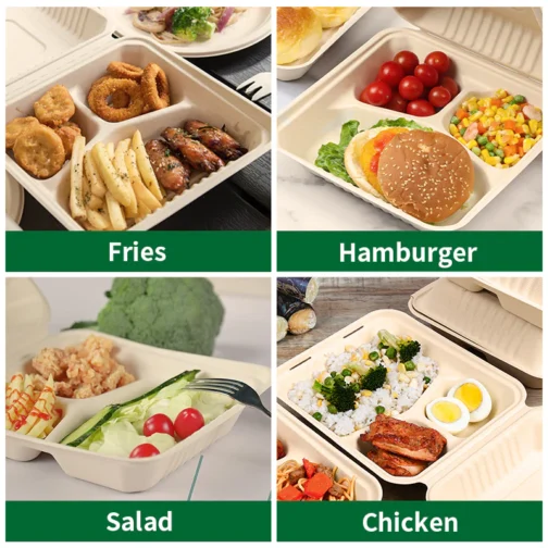 9"x9"x3" 3 Compartment Compostable Clamshell Containers PFAS Free 200 pcs - Image 2