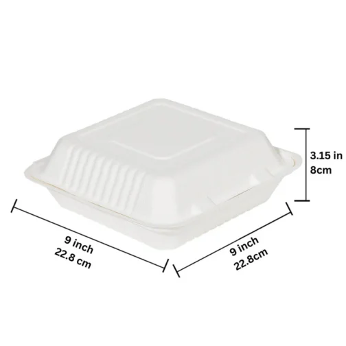 9"x9"x3" Compostable Clamshell Containers PFAS Free White 200 pcs