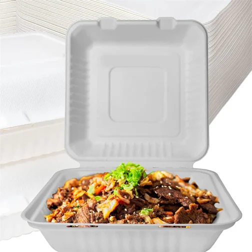9"x9"x3" Compostable Clamshell Containers PFAS Free White 200 pcs - Image 2